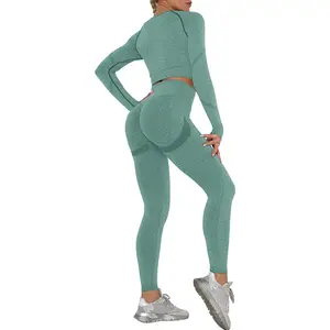 EUYZOU Women Butt Lifting Yoga Legging Long Sleeve Crop Top Tummy Control 2 Piece Workout Outfits Sets Green S