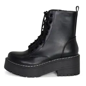 Chariot & Co Pure Women's Black Chunky Combat Ankle Boots 2.5" Heel 1.25" Platform Lug Sole Lace-Up Side Zipper All-Season Everyday Wear Walking Shoes