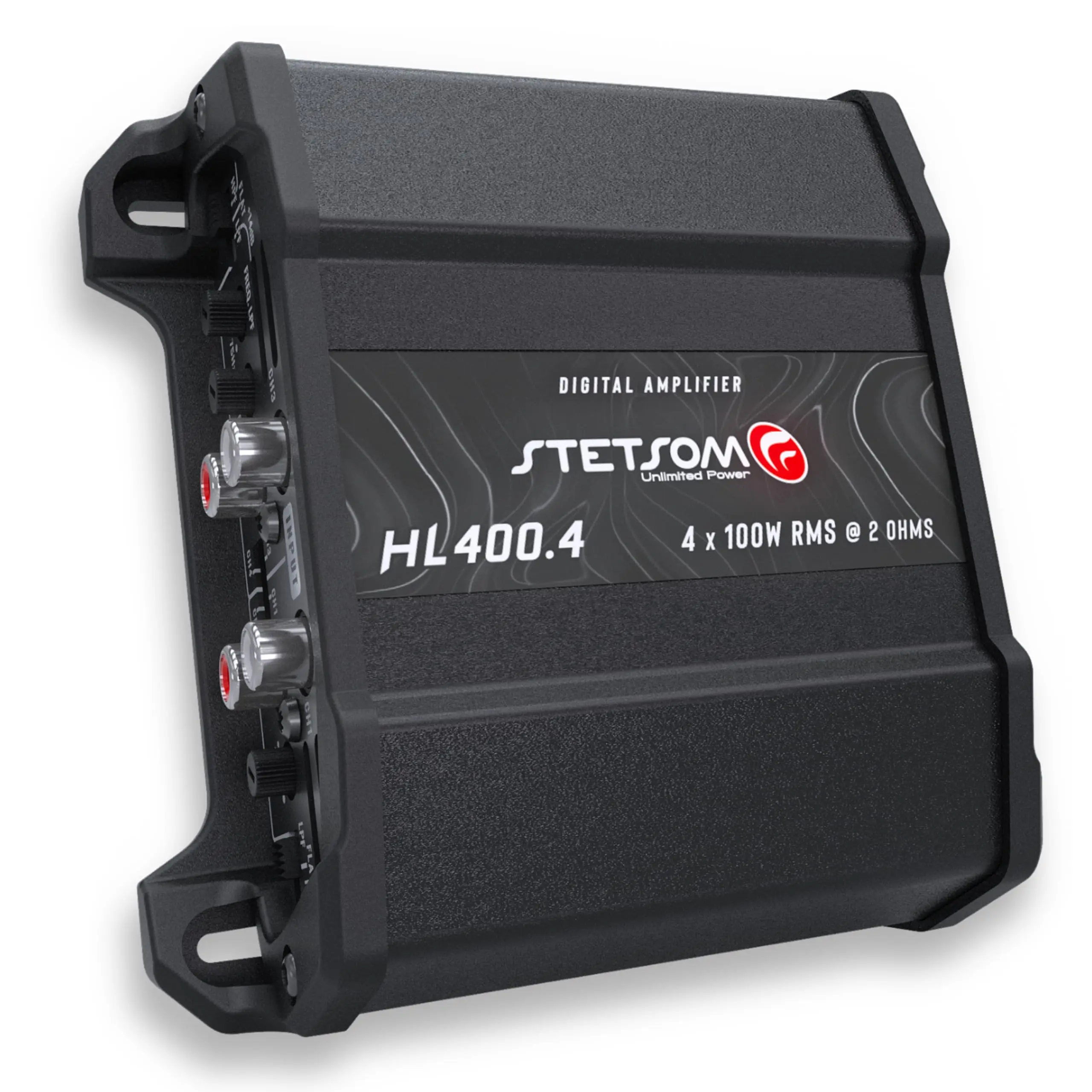 Stetsom HL 400x4 2 Ohms Compact Digital 4-Channel Amplifier - 400W RMS, Full Range, High Input, Bass Boost Gain +14dB (30-75Hz Variable Adjustment), Multichannel Digital Sound, Crossover, Connector