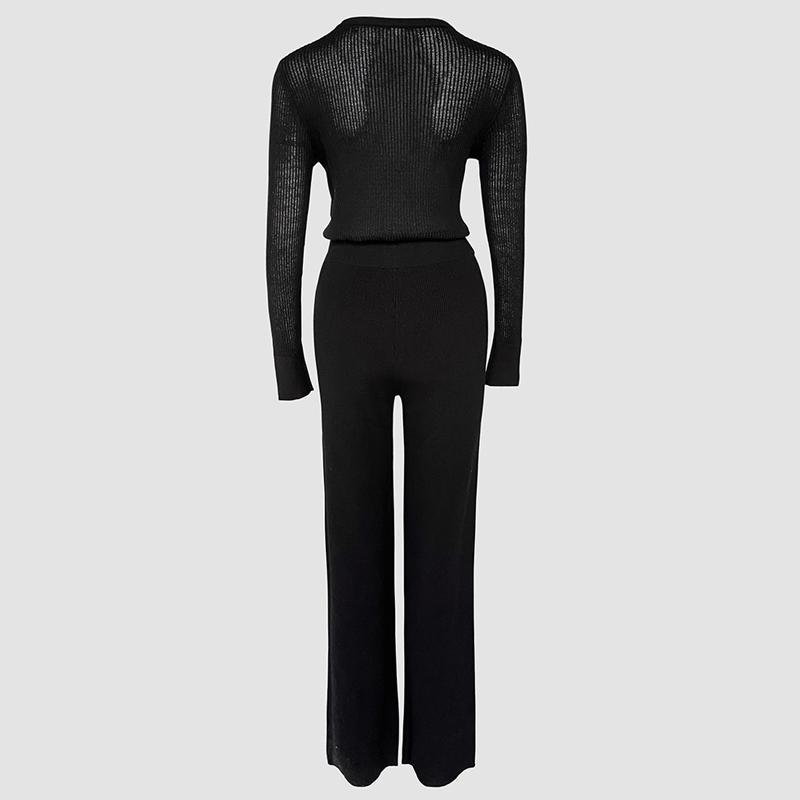 ChicMe Round Neck Long Sleeve Vertical Pit Texture Top and Casual Wide Leg Pants Set