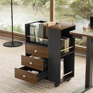 ModerMate 3 Drawer Mobile File Cabinet, Wood Rolling Filing Cabinet with Lockable Wheels, Utility Cart with Open Storage Shelves Home Office Fits A4/Legal, 19.7" x 11.8" x 26.3", Black Walnut