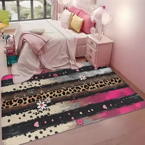 Sweet Cool Color Block Floor Mat, Vintage Leopard Print Heart Flower Rug, Bedroom Bedside Non-Slip Pad, 1pc Universal Indoor Carpet, Decorative Rug