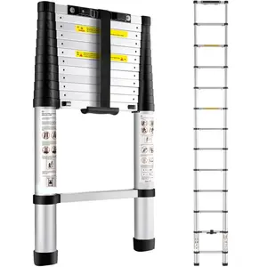 Telescoping Ladder, 12.5 FT Aluminum One-button Retraction Collapsible Extension Ladder, 375 LBS Capacity with Non-slip Feet, Portable Multi-purpose Compact Ladder for Home, RV, Loft, ANSI Liste