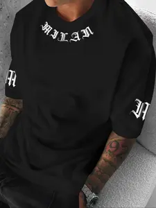 Men's Summer Gothic Font Print Short Sleeve Long Fitted T-Shirt, Comfortable Single Wear, Simple Round Neck, Versatile Street Style, Streetwear
