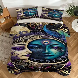 Bohemian Sun and Moon Celestial Duvet Cover Set, Mystical Cosmic Bedding Set for Bedroom Decor. Soft Microfiber Quilt Cover with Pillowcases, Perfect Gift for Astrology Lovers and Home Decor Enthusiasts (1* Quilt Cover + 1/2* Pillowcases, No Filling）