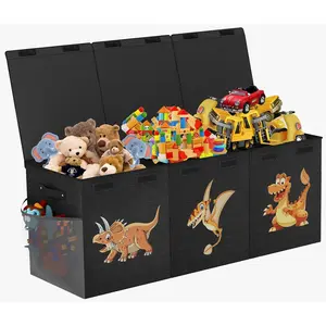 Box Chest, Collapsible Sturdy  Storage Organizer Boxes Bins Baskets Dinosaur   Chest Bin with  for Boys Girls Living Room Playroom Bedroom  41"x14"x16" Black