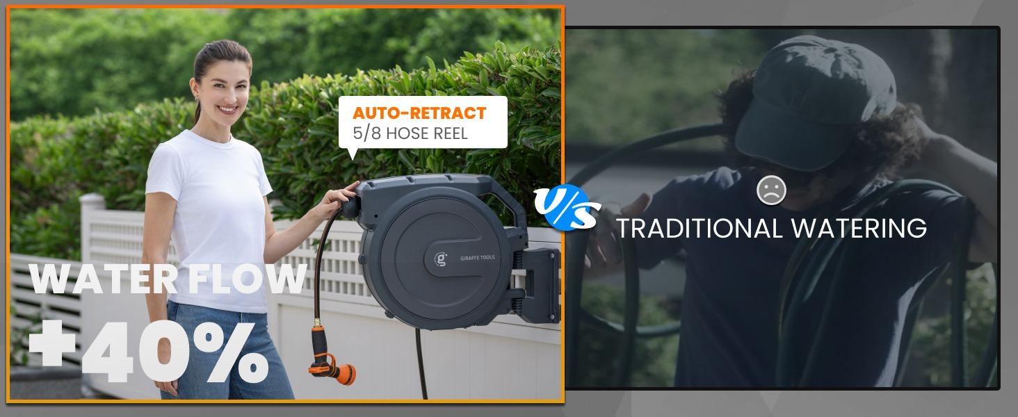 Father's Day Gift | Giraffe Tools 78ft-130ft 330LB Metal Bracket Retractable Garden 5/8in 1/2in Hose Reels for Outside, Wall Mounted Water Hose Reel with 180° Swivel, Any Length Lock, 9 Pattern Hose Nozzle, 2 years warranty, Stock up sale, summervibes