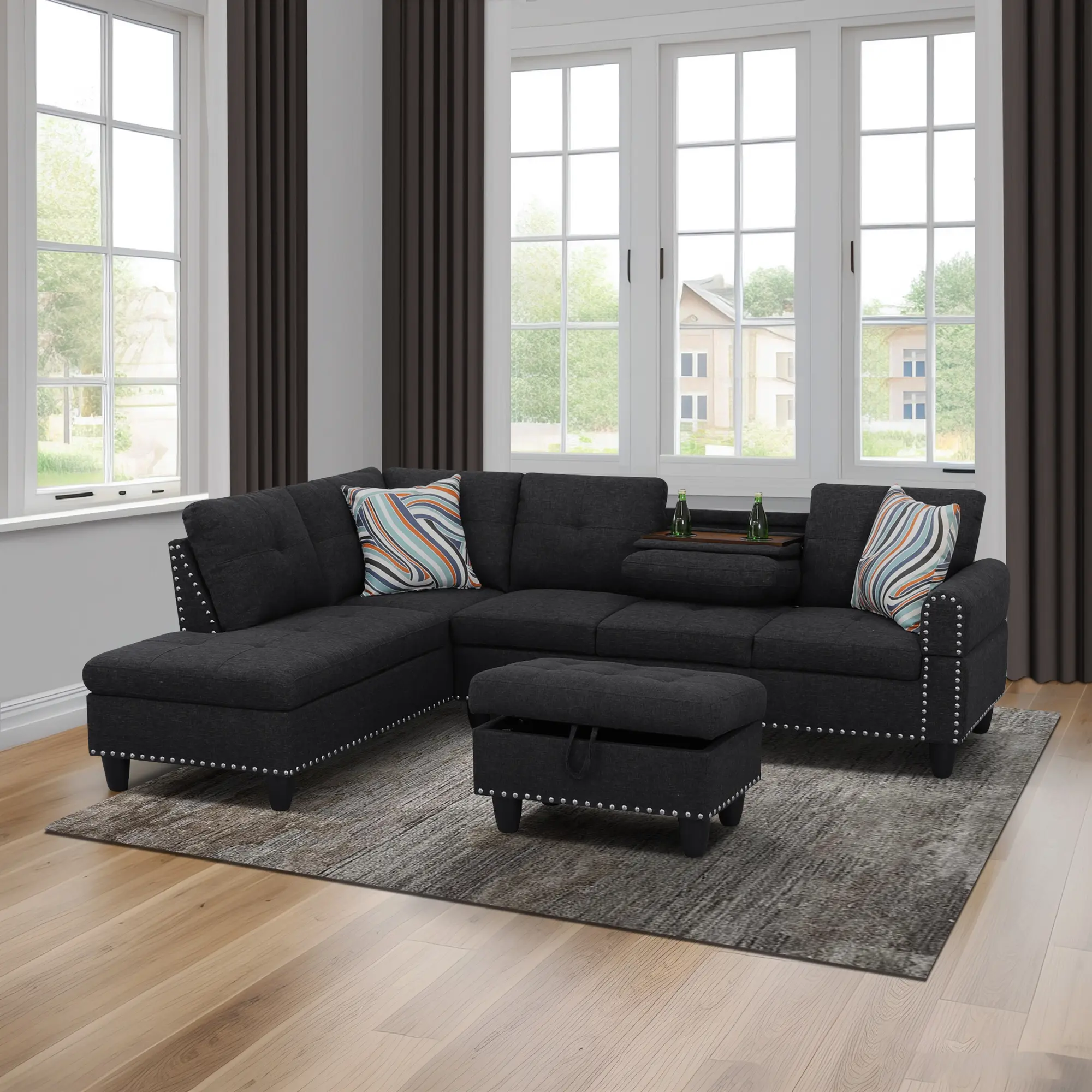 Black Grey Linen 3-Piece Sofa Living Room Sofa Set, premium breathable linen fabric, classic two-tone design, soft high-resilience cushions, sturdy frame modern home furniture for daily leisure