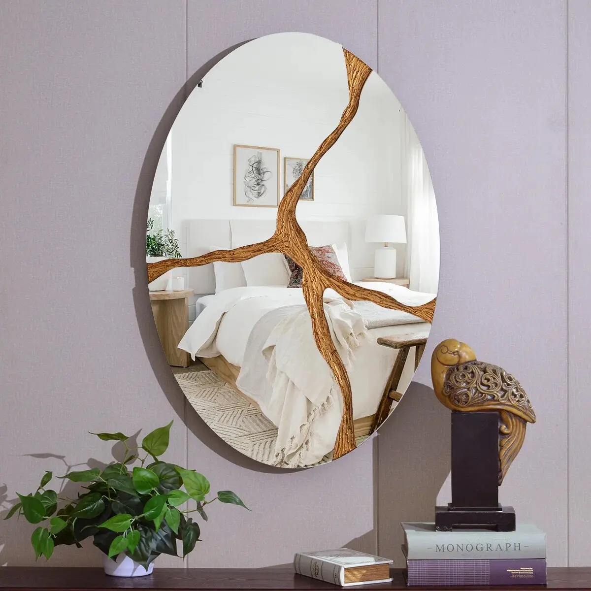 Oval Wooden Wall Mirror - 35.4"x23.6" Modern Flat Wall-Mount Mirror for Bathroom Vanity, Bedroom Room Decor