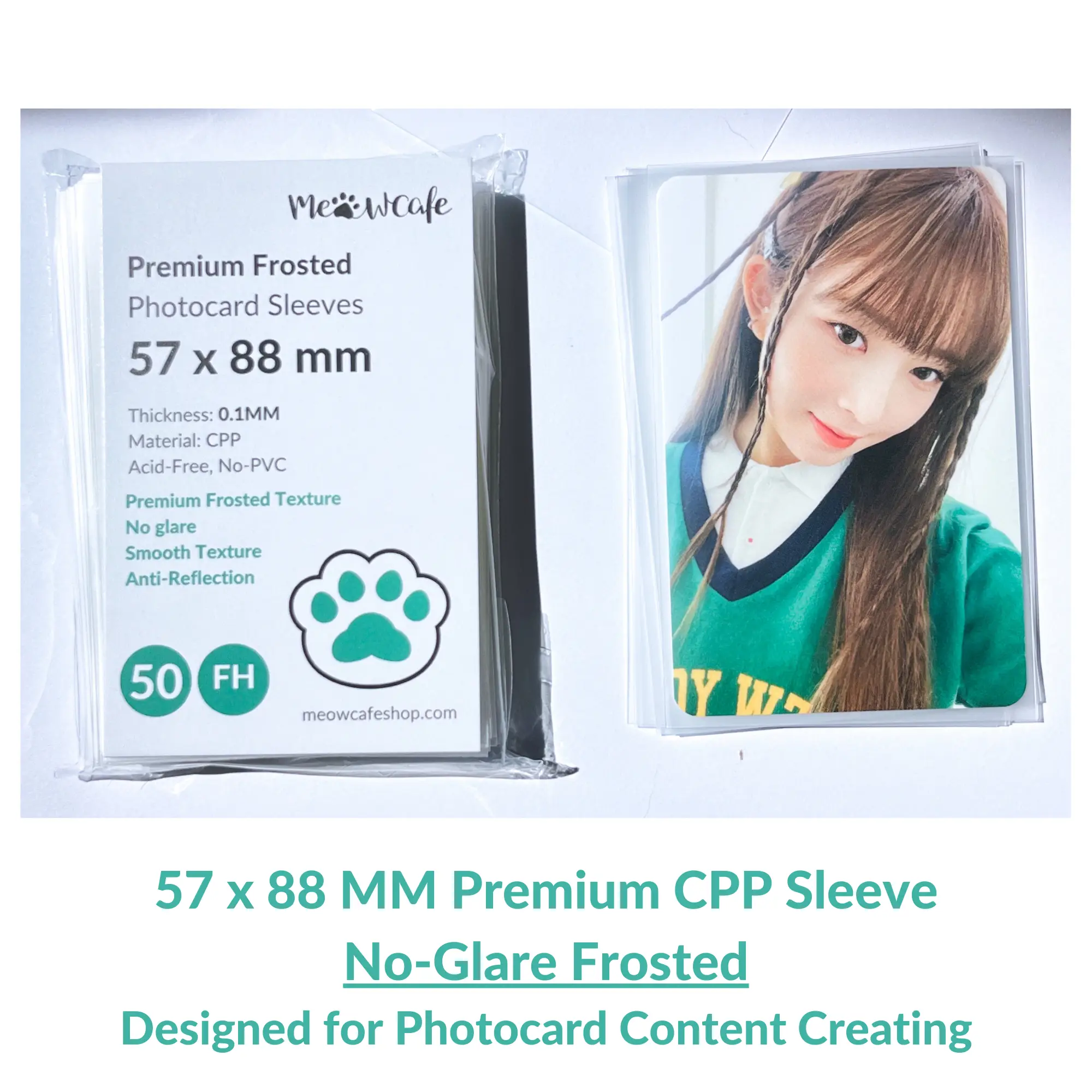 [57x88MM] Meowcafe Premium Frosted CPP Card Sleeve for Kpop Photocards Perfect Fit | Anti-Glare Sleeve For Photocard Content Creating | 100 Micron Thi