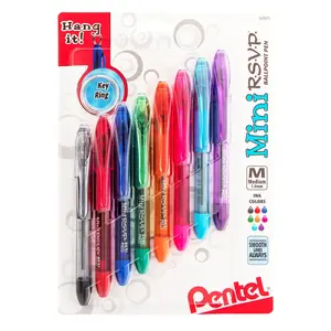 RSVP Mini Ballpoint Pen, (1.0mm) Medium Line, Assorted Ink (A/B/C/D/F/P/S/V) w/ Key Ring, 8-Pk