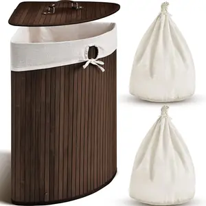 Corner Bamboo Laundry Hamper with Lid and Removable Liner Corner Bamboo Laundry Basket with Handle Clothes Basket Bin for Bedroom(Brown,Vertical Slatted)