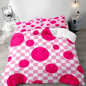 2PCS Cute Hot Pink Smiley Face Duvet Cover Twin Bedding Sets, Teen Girl Bedding, Retro Funky Trendy White Light Pink Checkered Comforter Cover, Preppy Aesthetic Room Decor, 1 Pillow Case