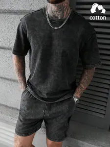 Men's High-Quality Cotton Vintage Washed Two-Piece Set, Loose Fit Short Sleeve T-Shirt & Drawstring Shorts, Y2K Street Style Casual Summer