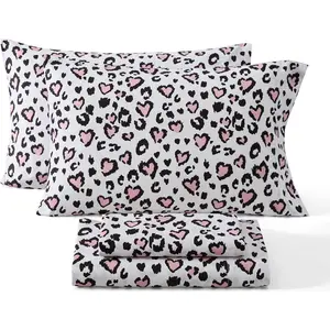 Cheetah Heart Printed Girls Kids Bed Sheets - 3 Piece Patterned Bed Sheet Set - Wrinkle Resistant & Ultra Soft - Fits Mattresses up to 15 Inches Deep - Twin