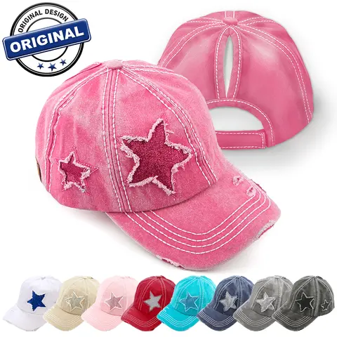 Summer Adjustable Star Glitter Y2K Ponytail Hat – Distressed Cap for Women