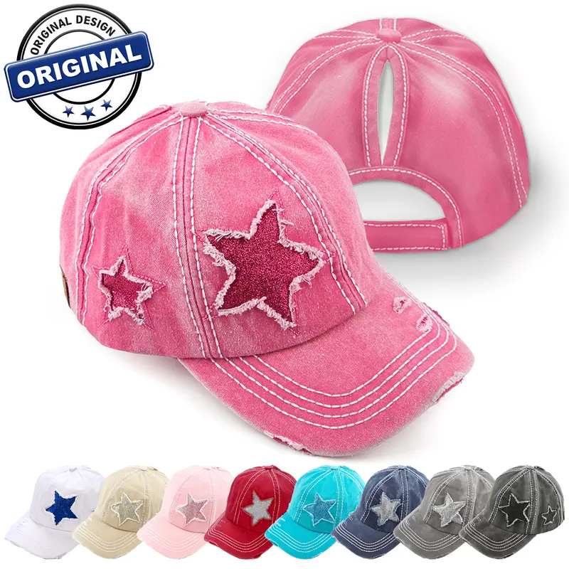 Summer Adjustable Star Glitter Y2K Ponytail Hat – Distressed Cap for Women