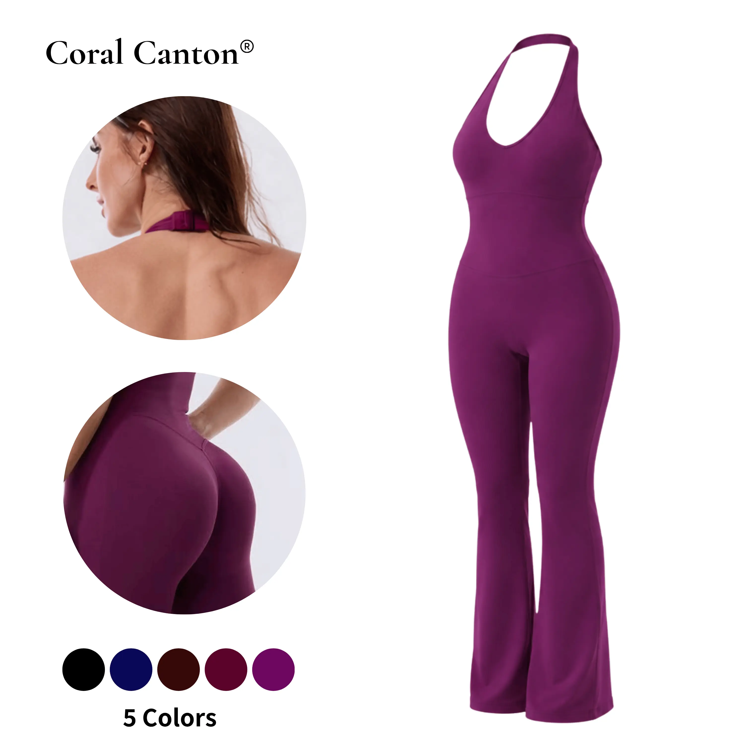 Coral Canton Women's Yoga Jumpsuit, Backless V-Neck Bodycon with Flared Legs, Stretchy Nylon Athleisure Activewear with Built-in Bra, Removable Pad & Bra-Hook Support BackToSchool, Athleisure Style, Sports Outfits,back to school,back to school haul