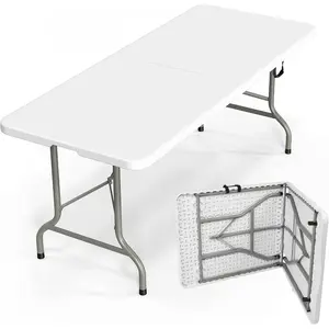 Folding Table 6ft, Portable Collapsible Plastic White Long Tables for Party, Camping, Banquet, Craft, Dining, Wedding, Outdoor and Indoor Use