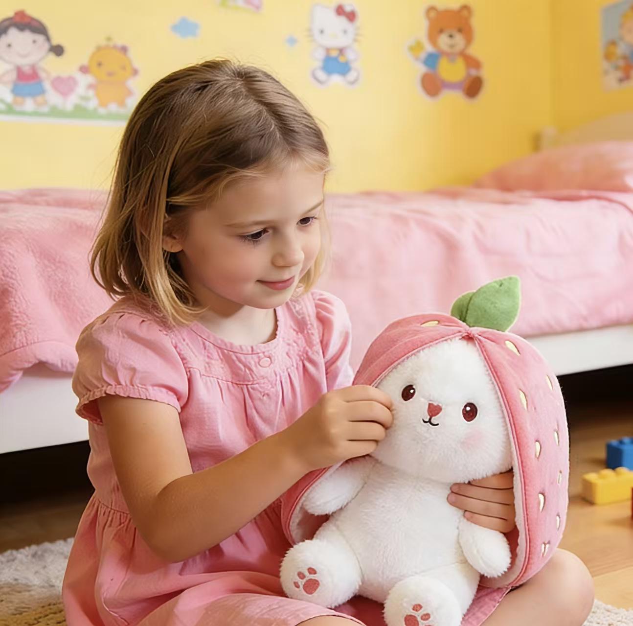 Bunny Stuffed Animal, Strawberry Reversible Cuddle Bunny Plush Doll with Zipper Cute Soft Rabbit Toys Pillow for Kids and Adults Easter Bunnies Plushies Gifts Bunny Stuffed Animal, Strawberry Reversible Cuddle Bunny Plush Doll with Zipper Cute Soft Rabbit Toys Pillow for Kids and Adults Easter Bunnies Plushies Gifts