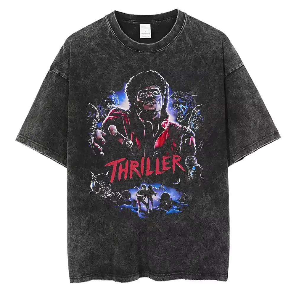 Washed Vintage Michael Jackson Thriller Graphic T-shirt Men Women Fashion Retro Gothic Rock Tshirt Men's Punk Oversized T Shirts Menswear Menswear Casual Crewneck Tropical Streetwear