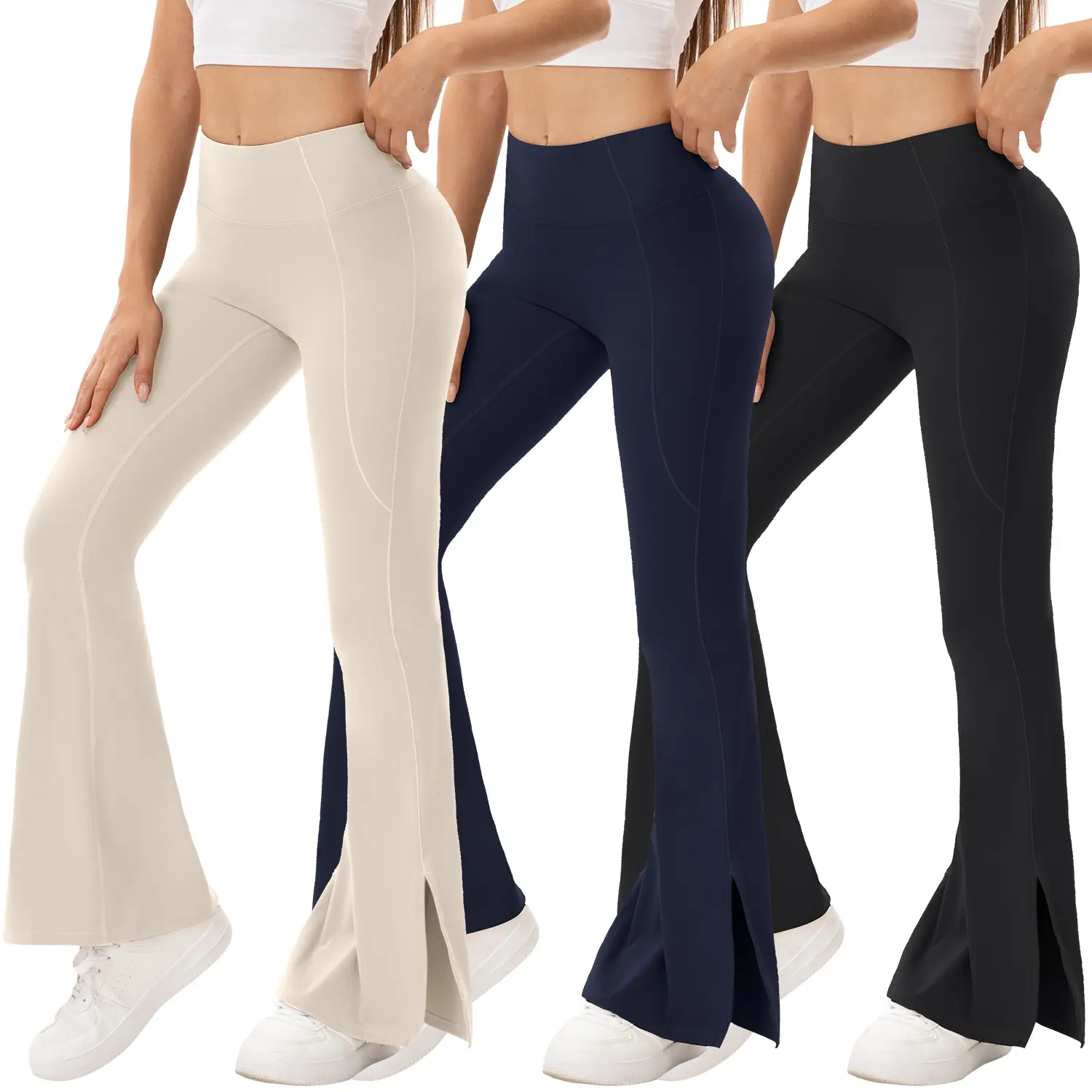 Women's 3-Pack High-Waisted Split Hem Flare Knitting Sports Leggings - Soft 4-Way 4-Level Stretch Quick Dry Opaque Bootcut Pants for Workout & Casual Use, Affordable Running Bottoms, Four-Level Stretch Women's Sports Leggings