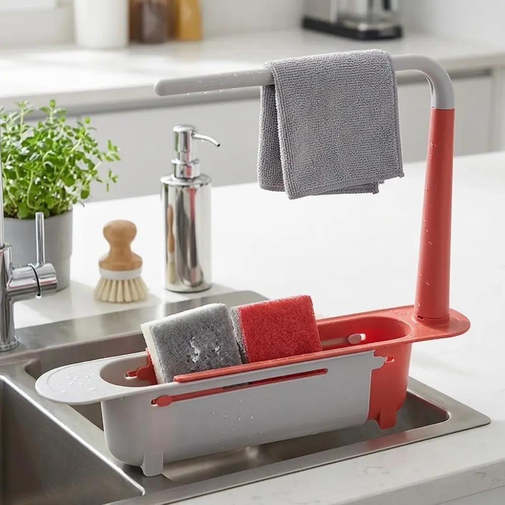 Telescopic Sink Organizer, Dish Drying Organiser, Adjustable Dish Rack with Soap Sponge Holder, Towel Rack, Knife Block & Cutting Board Storage, Rust-Proof Vertical Design, Kitchen Countertop Tool, No Drill Installation