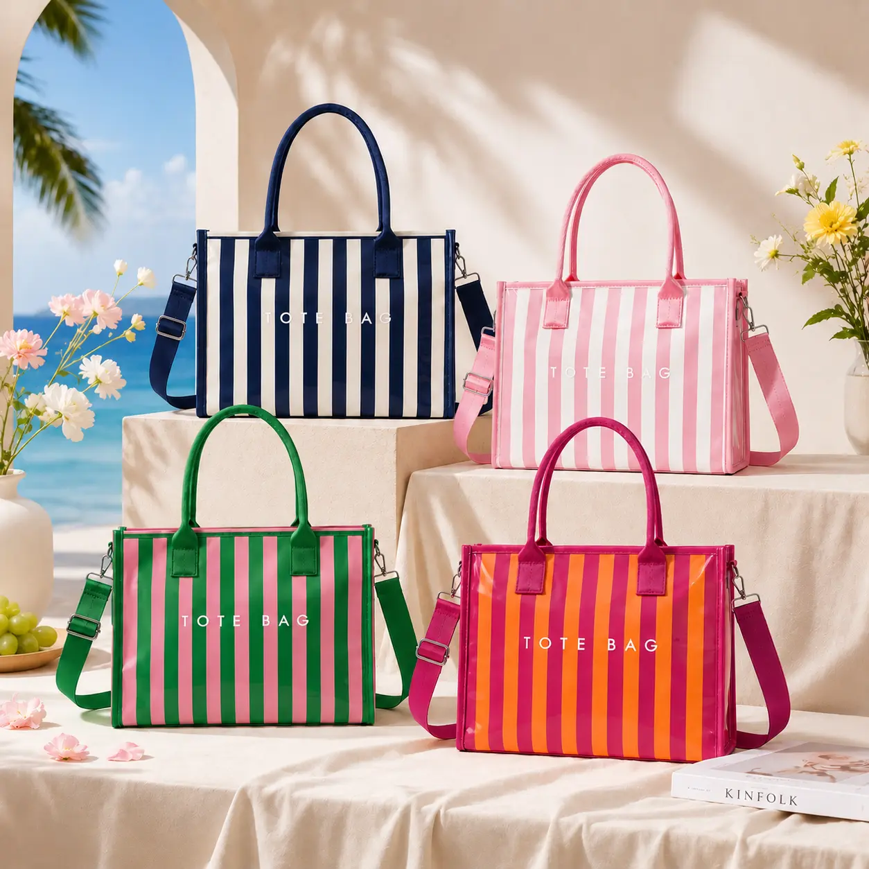 Summer Candy Color Striped Beach Tote Bag Glossy Waterproof Shoulder Purse Summer Candy Color Striped Beach Tote Bag Glossy Waterproof Shoulder Purse