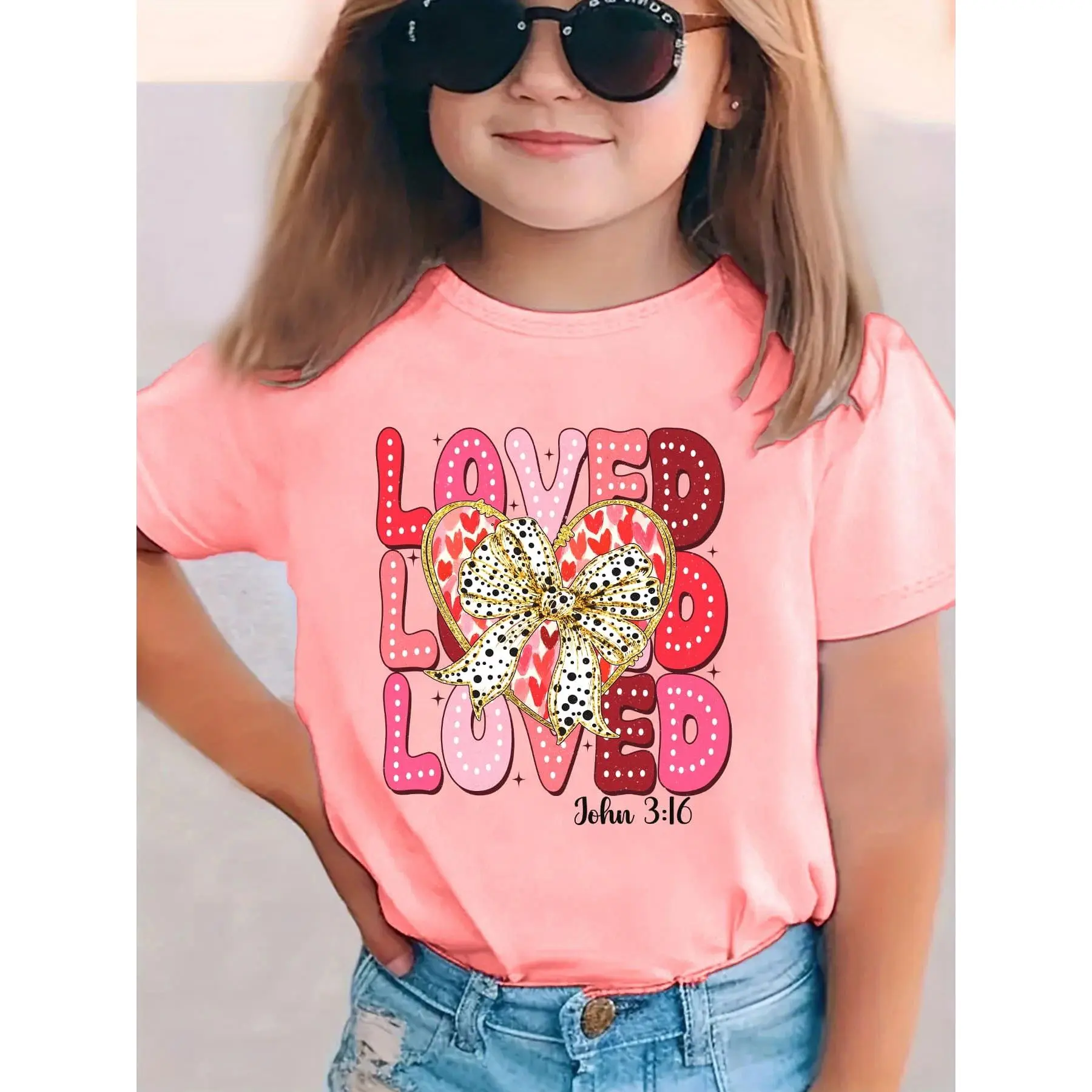 Girls' Cute LOVED Heart Bow & LOVE Letter Print Short Sleeve Blouse - Round Neck Top with Appliqué, Machine-Washable Summer & Valentine's Day Outfit for Playdates, & Little Girls (Regular Fit)
