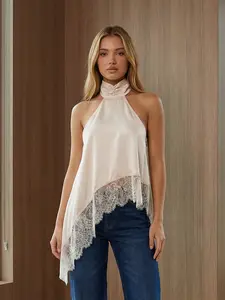 Women's Halter Neck Vest Summer Sleeveless Open Back Irregular Lace Hem Tank Tops Polyester