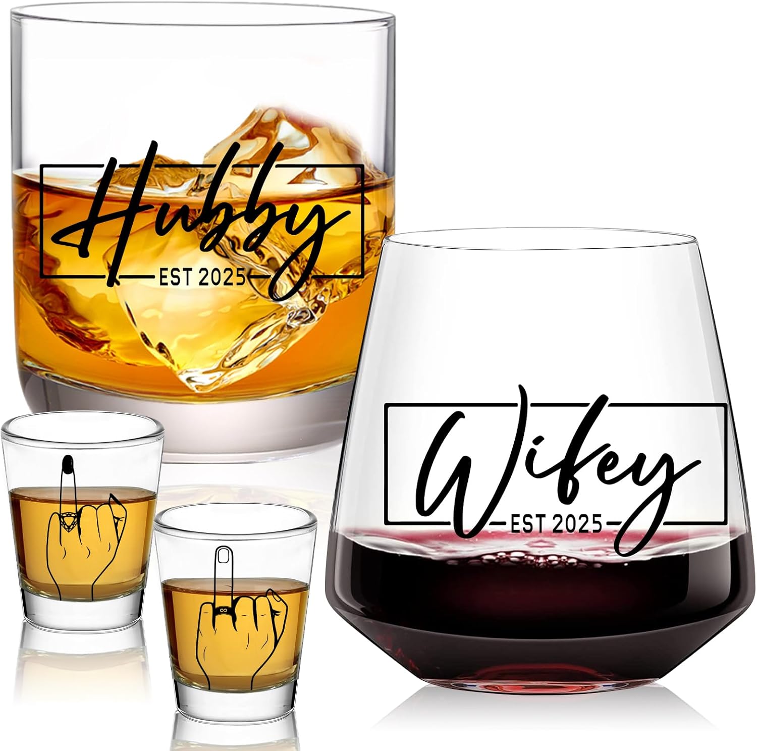Hubby & Wifey Wine & Whiskey Glass Set for Mr & Mrs Gifts - Anniversary Wedding Gift, Unique Bridal Shower Gift, Drinkware