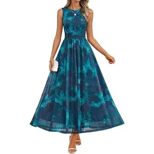 ZESICA Women's 2026 Summer Sleeveless Crewneck Mesh A-Line Flowy Boho Maxi Dress for Casual Beach Parties