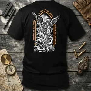 Saint Michael Tactical T Shirt With Angel Warrior Graphic And Good Versus Evil Message, Christian Tactical Apparel For Men Who Stand For Faith And Strength, Military Style Streetwear Shirt For Tactical Lifestyle And Gym Wear