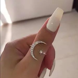 Elegant Rhinestone Star & Moon Adjustable Open Ring for Women - Sparkling Celestial Design, High-Quality Metal, Versatile Daily Jewelry & Ramadan Gift, Year-Round Wear, Daily Wear Accessory, Celestial Theme, Lustrous Finish, Special Occasion, Fine Craftsm