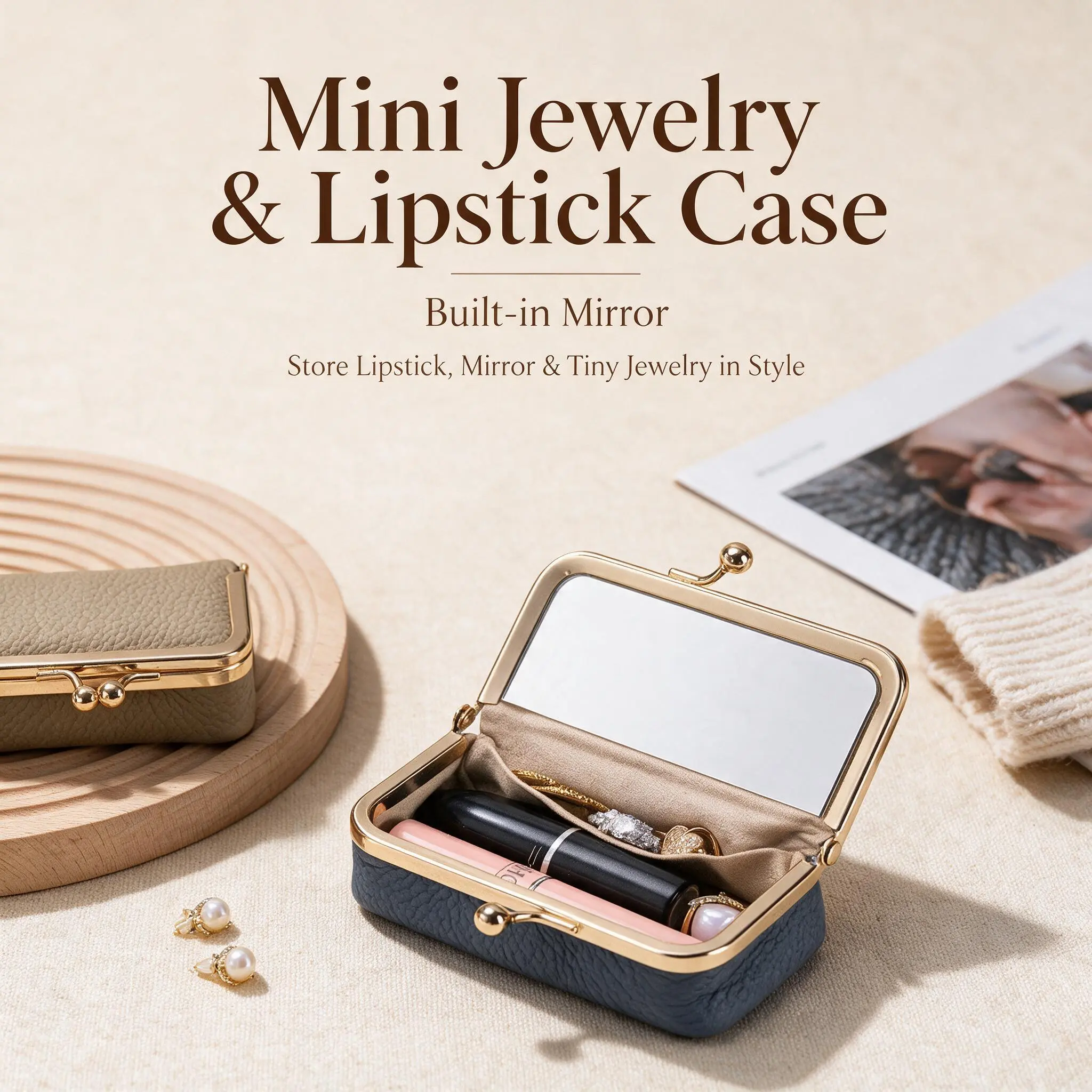 Mini Jewelry Box with Mirror, Leather Lipstick Case Kiss-Lock Frame, Portable Travel Jewelry Organizer for Rings Earrings Necklaces, Small Jewelry Storage Pouch for Women Girls, Velvet Lining Makeup Cosmetic Case