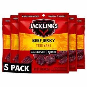 Jack Link's Teriyaki Beef Jerky Multipack - (5 Pack) 0.625 oz Bags - Ready to Eat Real Meat Protein Snacks - 7g Protein per Serving - Made with 100% Real Beef