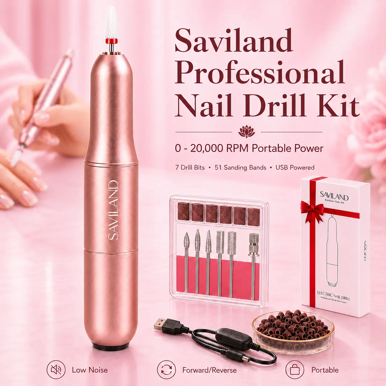 SAVILAND Professional Electric Nail Drill – Portable E-File with 6 Bits for Manicure, Pedicure & Nail Art, Perfect for Home & Salon Use, Rose