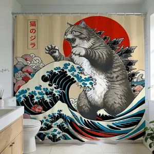 1 Pc Catzilla Ocean Wave Print Shower Curtain, Bathroom Decoration Accessories, for Bathroom Design Modern Art Style Home Decoration Seamless Blend of Japanese Wave Art and Cat Theme in Bold Colors Transform Your Space Instantly