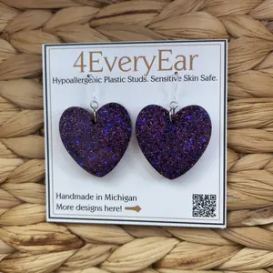 Purple Glitter Heart Earrings | Resin Dangle Earrings | Hypoallergenic Plastic Hooks | Heart Jewelry | Gift for Her