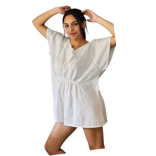 Chic White Cotton Kaftan Dress – Boho Loose Fit Beach Cover Up