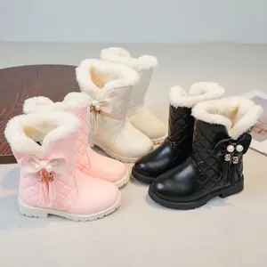 2025 Winter Girls' Boots, Thickened Warm Mid-Calf Snow Boots with Comfortable Lining and Bow Charm Design, Winter Footwear, Cold Weather Shoes,' Shoes, Chic Kids' Footwear, Durable Rubber Sole, Cozy Lining, Slipon Boots, Boots, Schoolgirl Sho