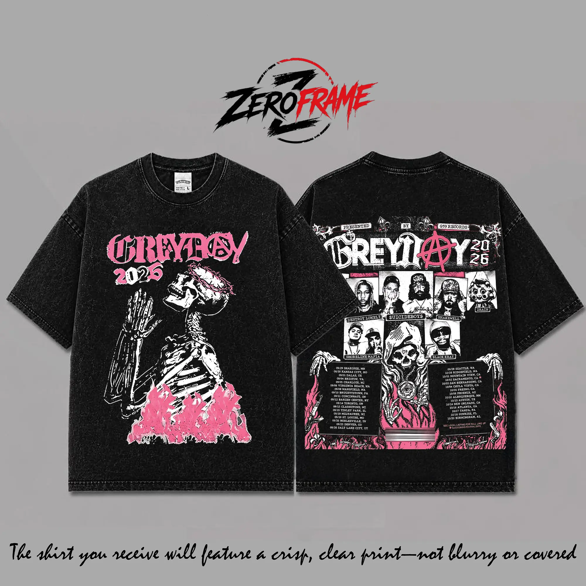 Greyday 2026 Black Washed T-Shirt, Grey Day 2026 North American Tour Tee, G59 Destroy Lonely Graphic Top, Retro Hip Hop Rap Merch
