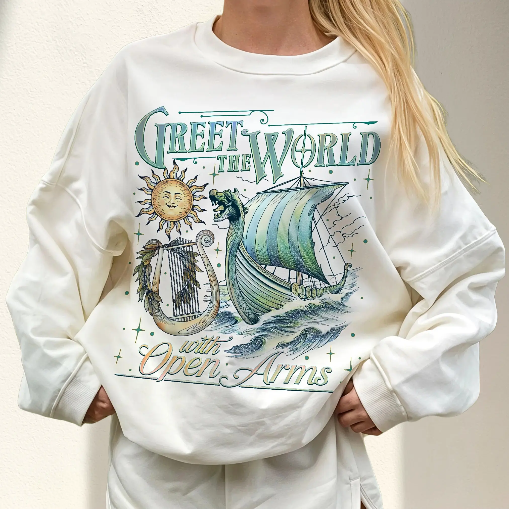 Greet the World With Open Arms Sweater, Bookish Gift for Epic Lovers Sweatshirt, Penelope Odyssey Siren Pullover Long Sleeve