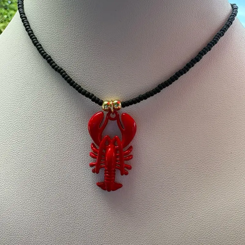 Handmade Red Lobster Necklace | Black Beaded Necklace | Coastal Summer Jewelry