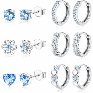 CASSIECA 6Pairs Small Earrings Stack Set for Women 925 Sterling Silver Post Stud and Hoop Earrings Stack Set Hypoallergenic Zirconia Flower Heart Cute Cartilage Earrings Stack for Kids Baby Pink/Purple/Blue, Heart Shaped Earrings SummerVibes