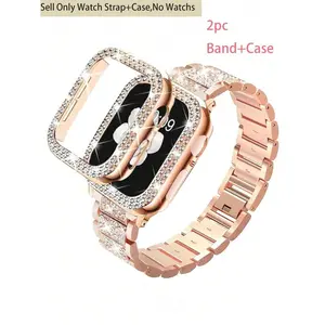 2pcs/Set Rose Gold Band + Rhinestone-Studded Protective Case, Compatible With 40mm, 44mm, 41mm, 38mm, 42mm, 44mm, 45mm, 46mm Series 10 9 8 7 6 5 4 3 2 1, Watch Band For Women