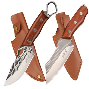 2PCS - Wooden-Handled Chef's Knife - Stainless Steel Forged Blade & Full Tang Design - Boning Knife With Kitchen & Camping