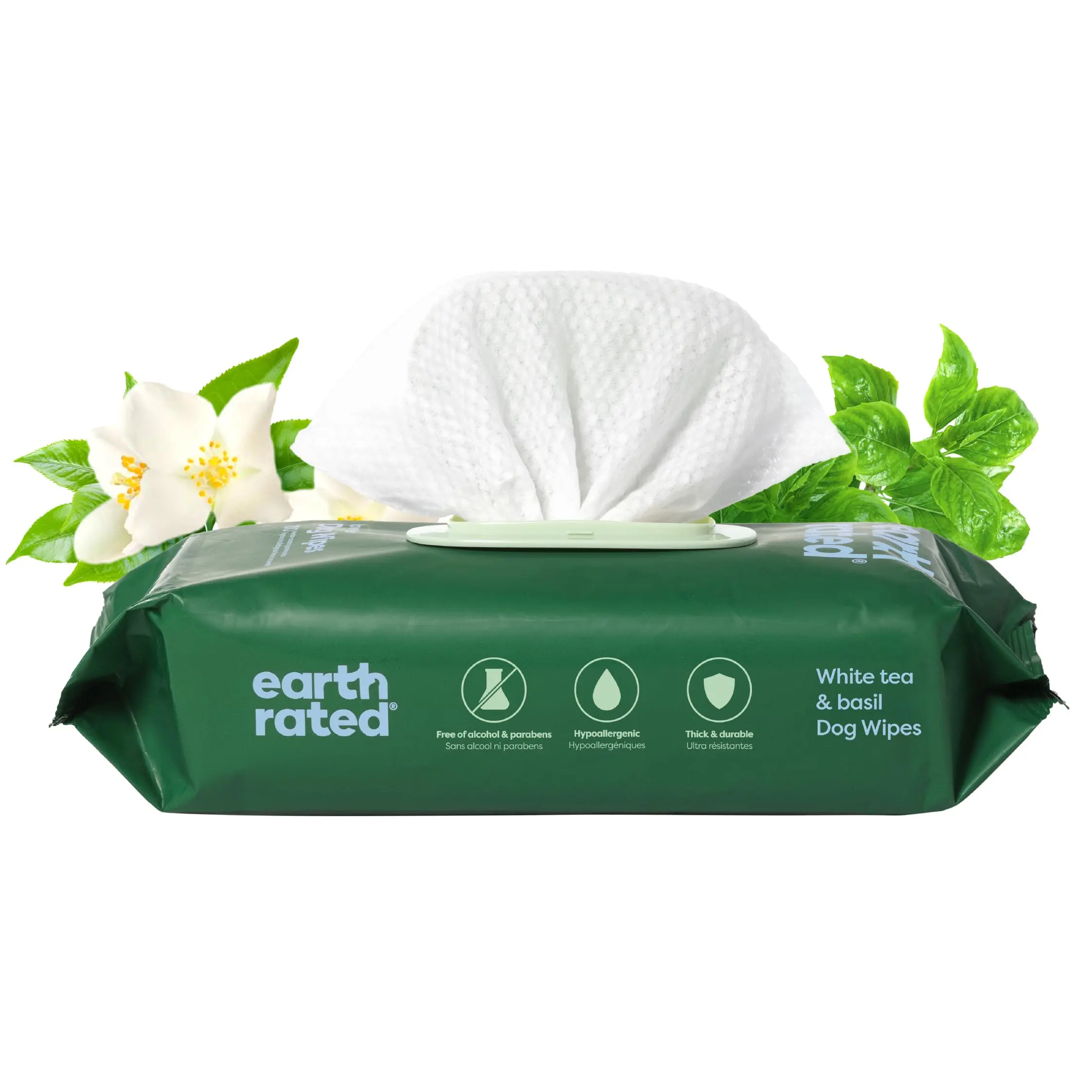 Earth Rated | 3-in-1 Pet Grooming Wipes for Dogs & Cats, White Tea & Basil Scent, 100 Count, Cleans Deodorizes & Hydrates, Hypoallergenic & Alcohol-Free