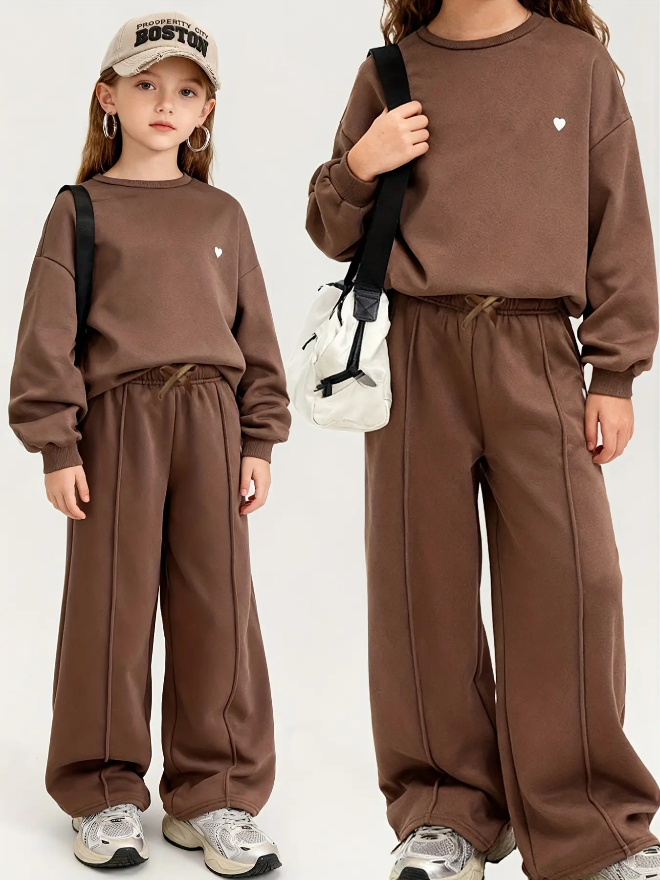 Teen Girl Clothes Set, Casual Boho Street Style, Sweatshirt Sets, Chocolate Round Neck Sweatshirt & Wide Leg Pants, Comfortable for Ages 3+, Matching Outfit Set