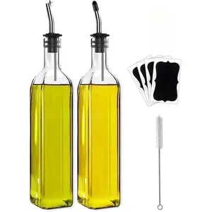 Olive Oil Dispenser Bottle, 2 Pcs Glass Olive Oil Dispenser and Vinegar Dispenser Set with 2 Stainless Steel Pourers, 4 Labels,1 Brush and 1 Funnel Oil Bottles for Kitchen (500ml)